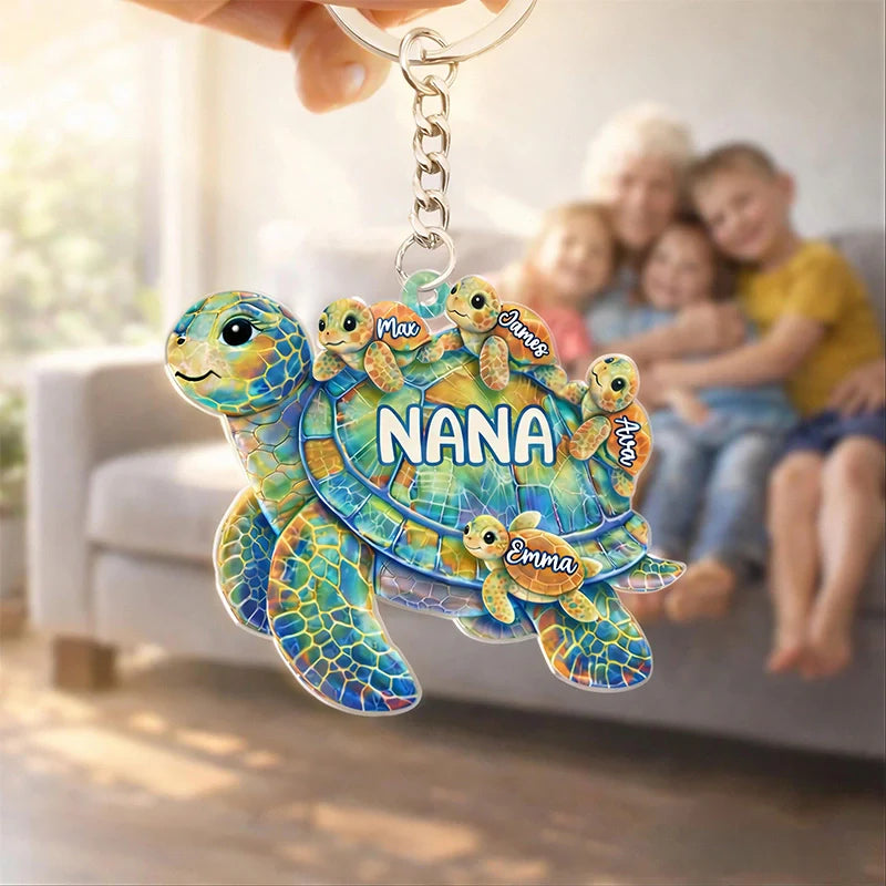 Personalized Grandma Turtle Keychain – Custom Grandkids Names Acrylic Keepsake | Mother’s Day Gift for Grandma