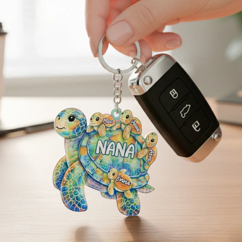 Personalized Grandma Turtle Keychain – Custom Grandkids Names Acrylic Keepsake | Mother’s Day Gift for Grandma