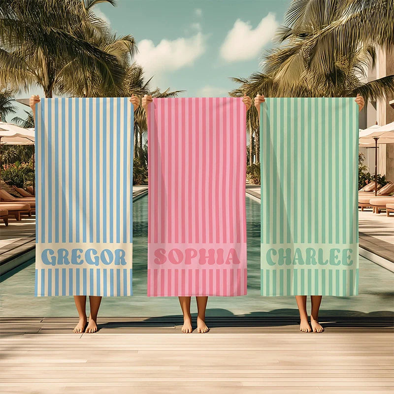 Personalized Groovy Striped Beach Towel with Name – Retro Bachelorette Party & Bridesmaid Gift