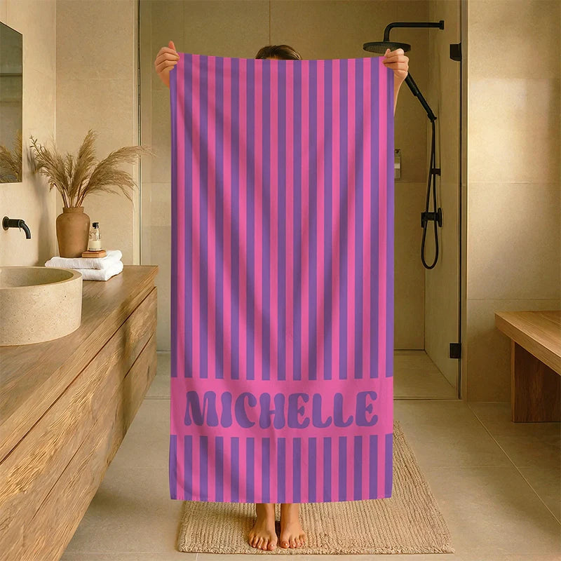Personalized Groovy Striped Beach Towel with Name – Retro Bachelorette Party & Bridesmaid Gift