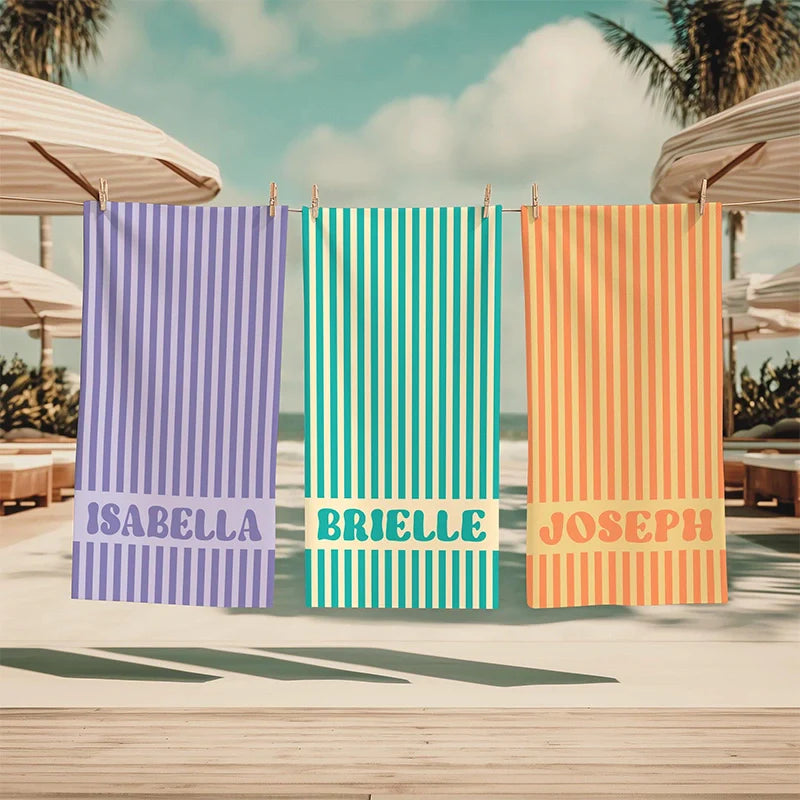 Personalized Groovy Striped Beach Towel with Name – Retro Bachelorette Party & Bridesmaid Gift