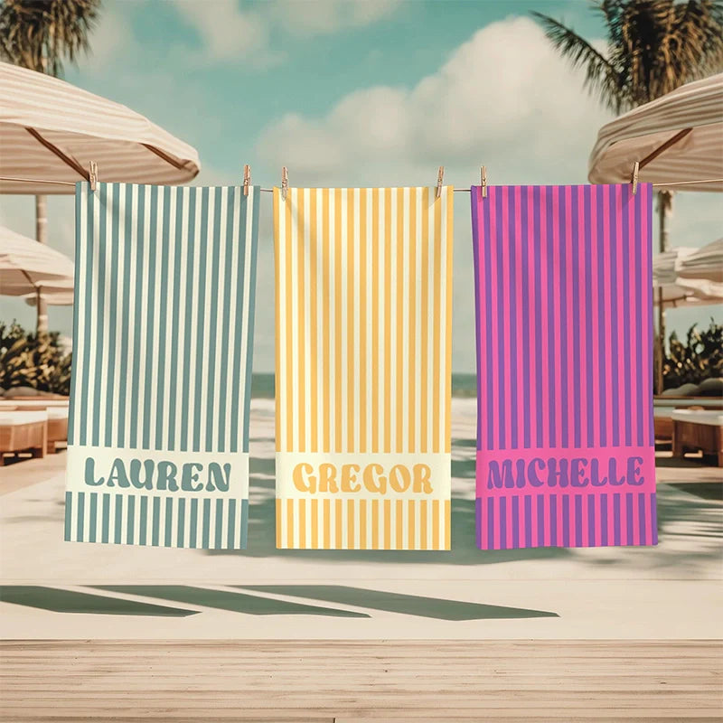 Personalized Groovy Striped Beach Towel with Name – Retro Bachelorette Party & Bridesmaid Gift