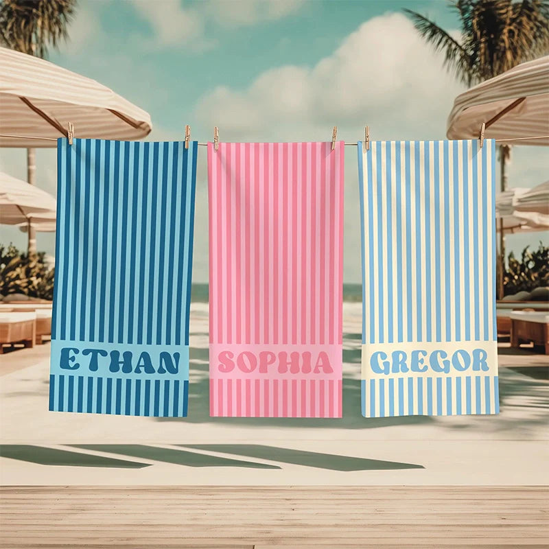 Personalized Groovy Striped Beach Towel with Name – Retro Bachelorette Party & Bridesmaid Gift