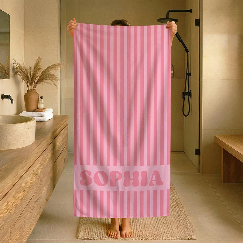 Personalized Groovy Striped Beach Towel with Name – Retro Bachelorette Party & Bridesmaid Gift