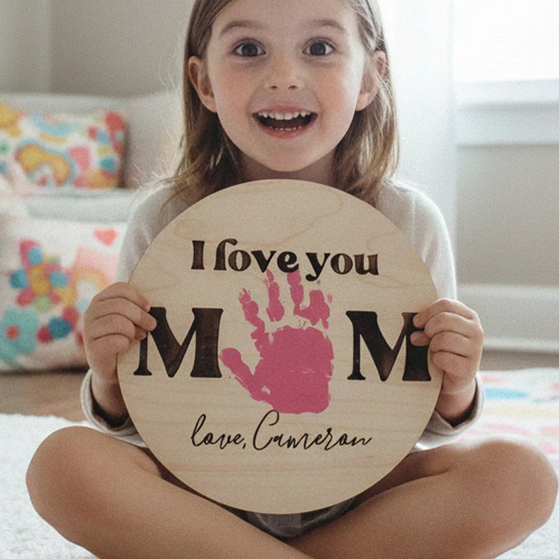Personalized Handprint “I Love You Mom” Wood Sign – DIY Kids Handprint Mother’s Day Gift, Custom Name Keepsake