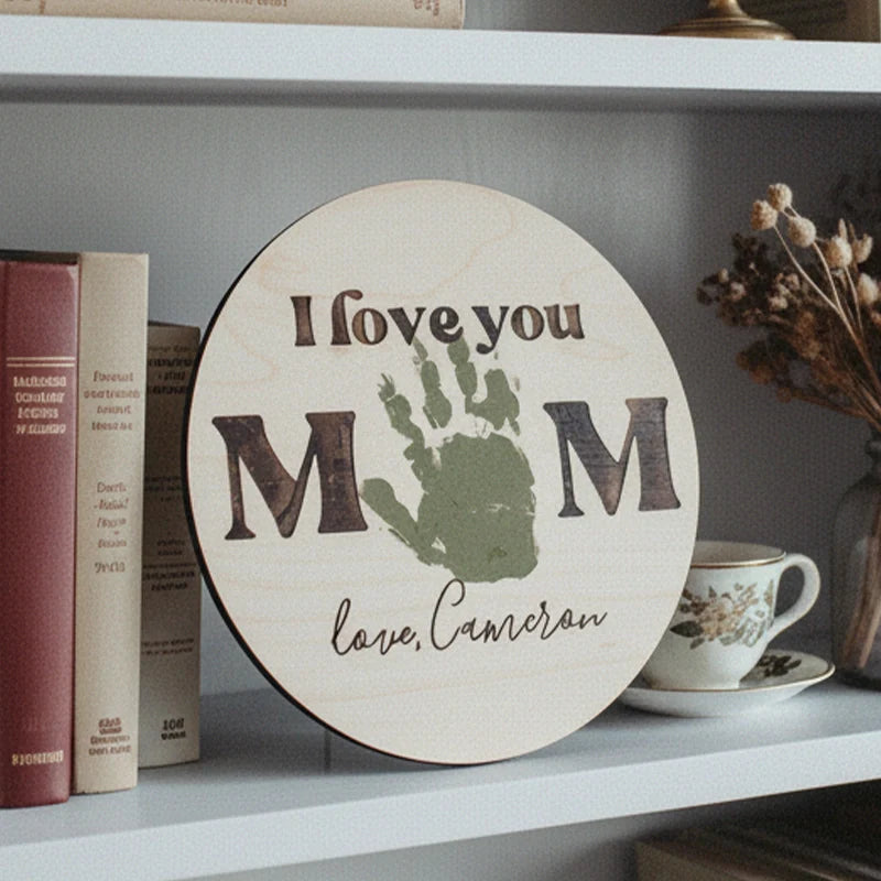 Personalized Handprint “I Love You Mom” Wood Sign – DIY Kids Handprint Mother’s Day Gift, Custom Name Keepsake