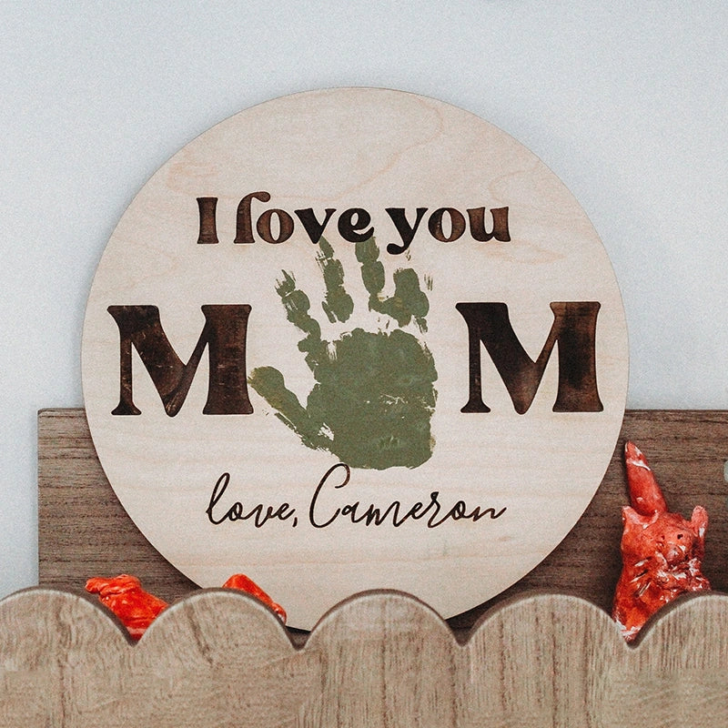 Personalized Handprint “I Love You Mom” Wood Sign – DIY Kids Handprint Mother’s Day Gift, Custom Name Keepsake