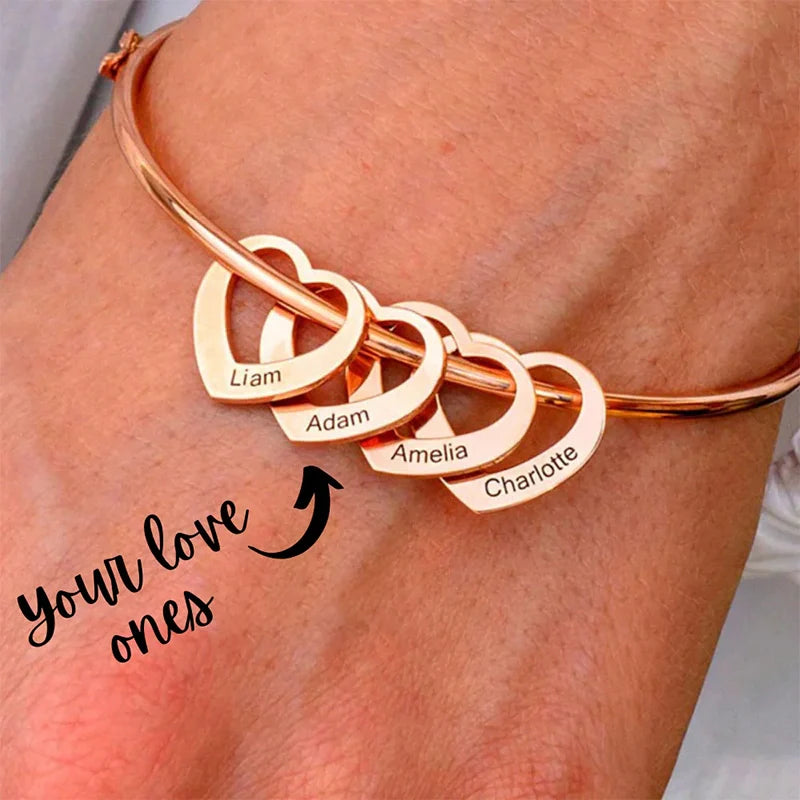 Personalized Heart Charm Bangle Bracelet – Custom Names Bracelet for Mom