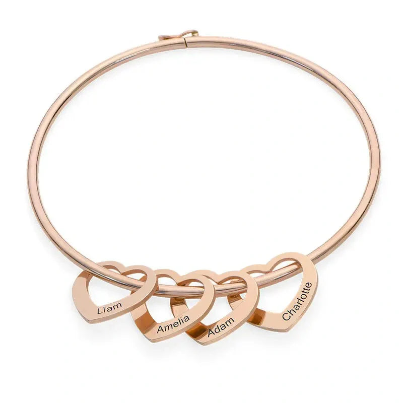 Personalized Heart Charm Bangle Bracelet – Custom Names Bracelet for Mom