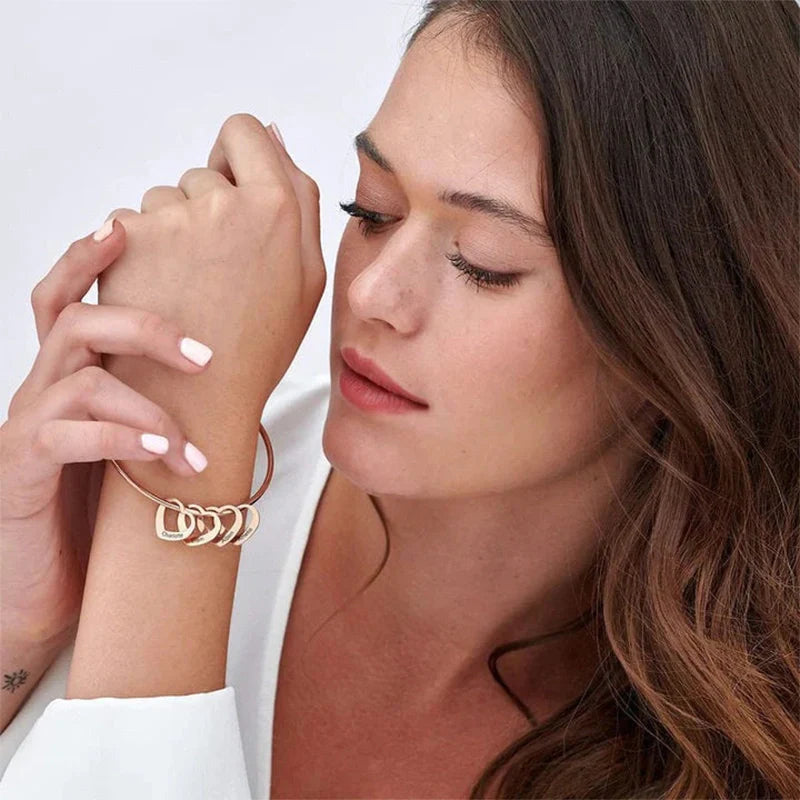 Personalized Heart Charm Bangle Bracelet – Custom Names Bracelet for Mom