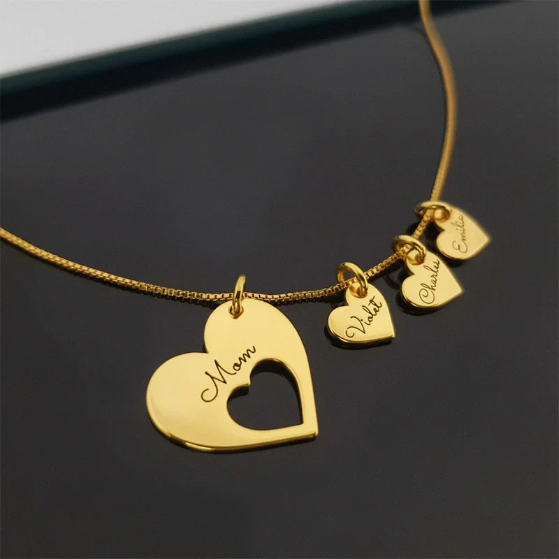 Personalized Heart Necklace for Mom with Kids Names – Engraved Multiple Name Necklace, Mother’s Day Gift