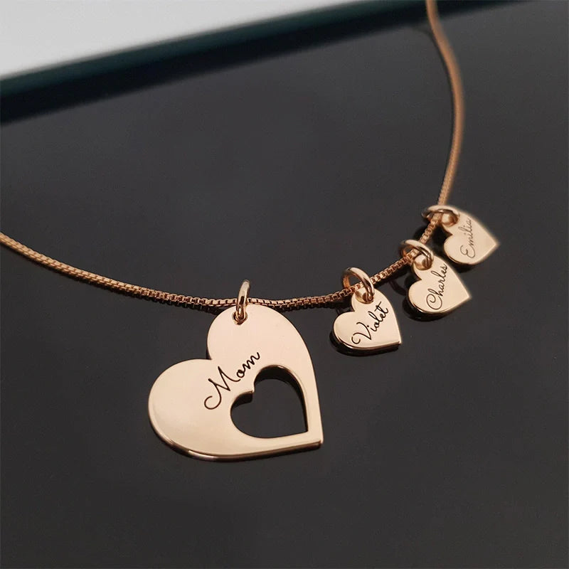 Personalized Heart Necklace for Mom with Kids Names – Engraved Multiple Name Necklace, Mother’s Day Gift