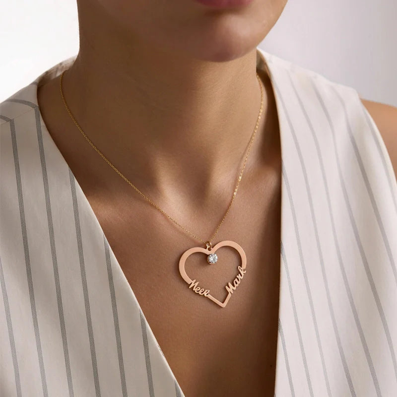 Personalized Heart Necklace with Two Names – Custom Engraved Love Pendant | Mother’s Day Gift for Mom