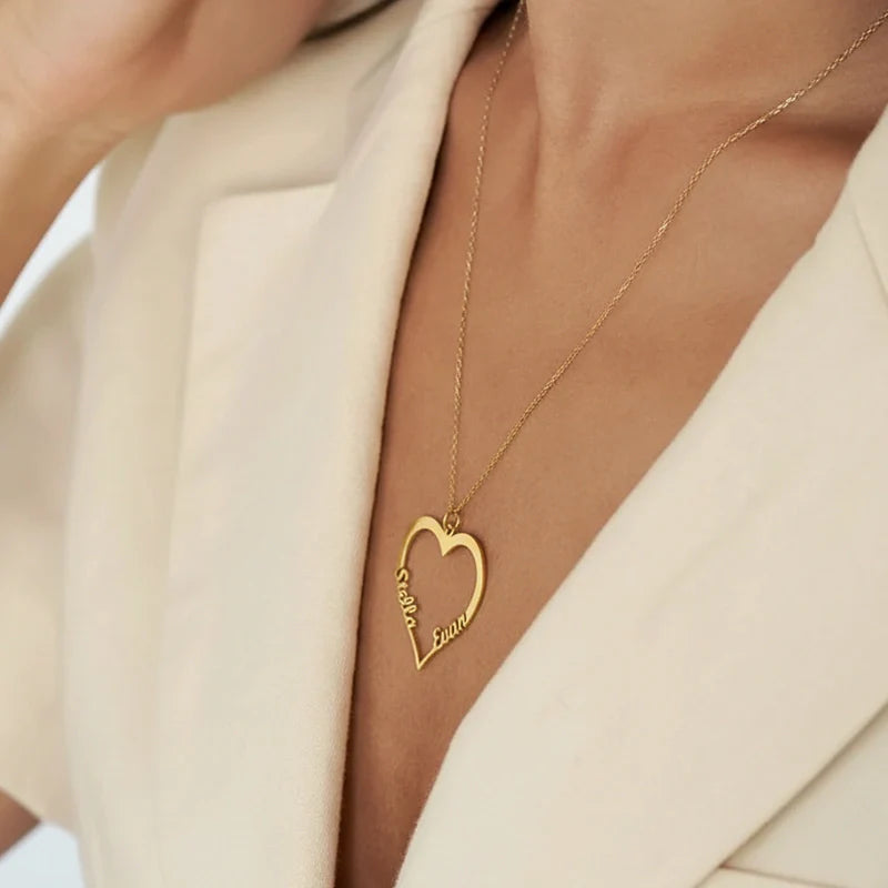 Personalized Heart Necklace with Two Names – Custom Engraved Love Pendant | Mother’s Day Gift for Mom