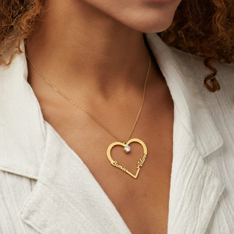 Personalized Heart Necklace with Two Names – Custom Engraved Love Pendant | Mother’s Day Gift for Mom