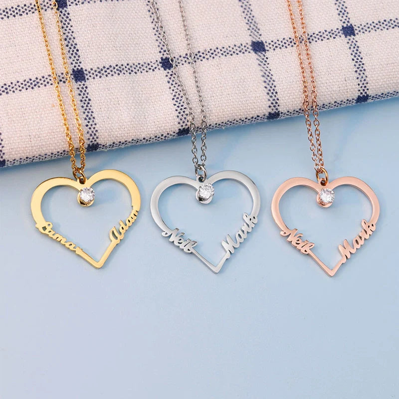 Personalized Heart Necklace with Two Names – Custom Engraved Love Pendant | Mother’s Day Gift for Mom