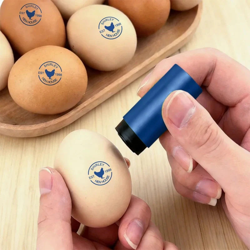 Personalized Hen Egg Stamp with Name & Year – Food-Grade Ink Chicken Silhouette Stamp for Farm & Home