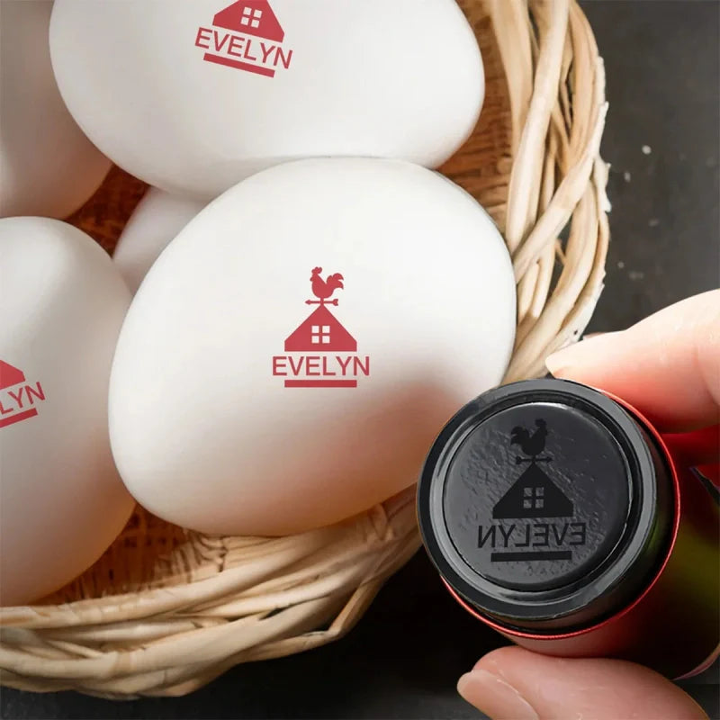 Personalized Hen Egg Stamp with Name & Year – Food-Grade Ink Chicken Silhouette Stamp for Farm & Home