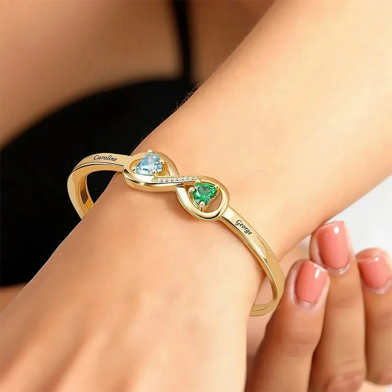 Personalized Infinity Double Heart Birthstone Cuff Bracelet – Engraved Name Bracelet for Mom | Mother’s Day Gift
