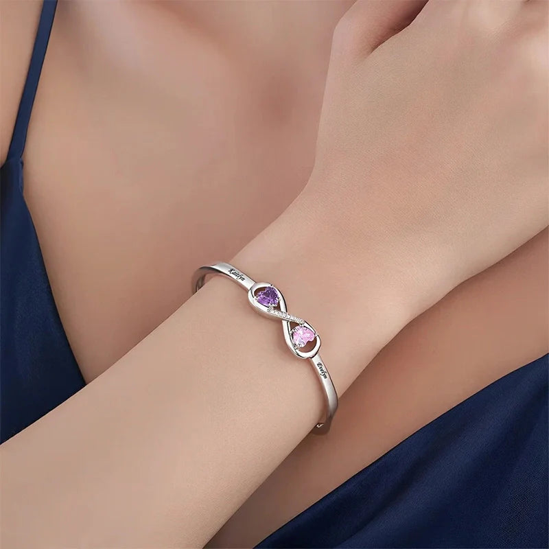 Personalized Infinity Double Heart Birthstone Cuff Bracelet – Engraved Name Bracelet for Mom | Mother’s Day Gift