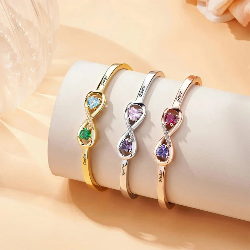 Personalized Infinity Double Heart Birthstone Cuff Bracelet – Engraved Name Bracelet for Mom | Mother’s Day Gift