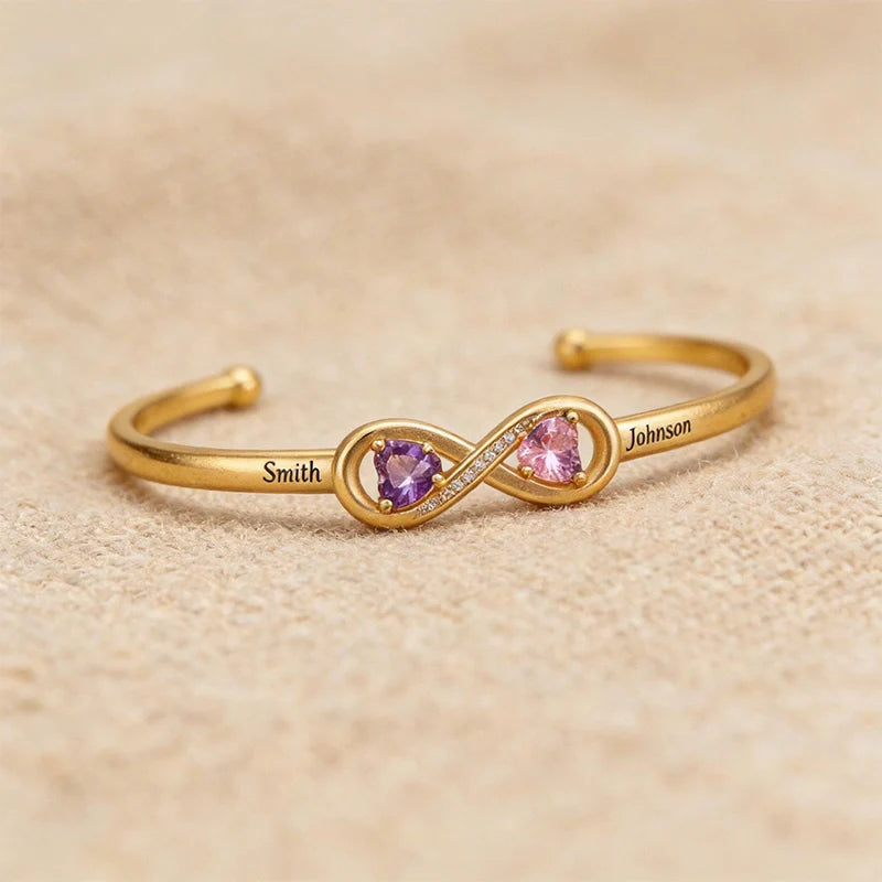 Personalized Infinity Double Heart Birthstone Cuff Bracelet – Engraved Name Bracelet for Mom | Mother’s Day Gift