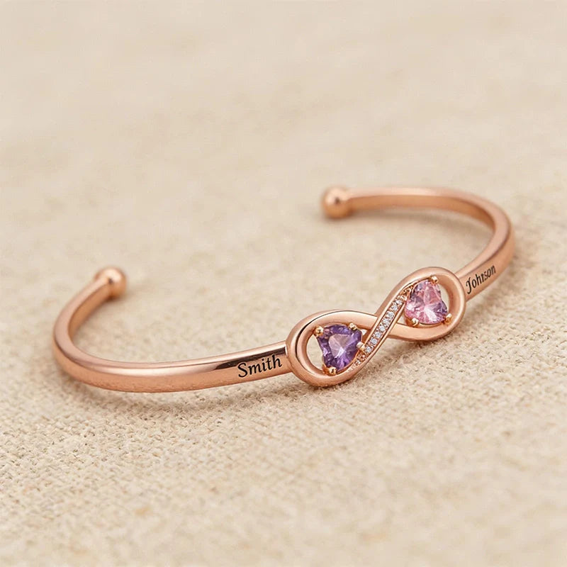 Personalized Infinity Double Heart Birthstone Cuff Bracelet – Engraved Name Bracelet for Mom | Mother’s Day Gift