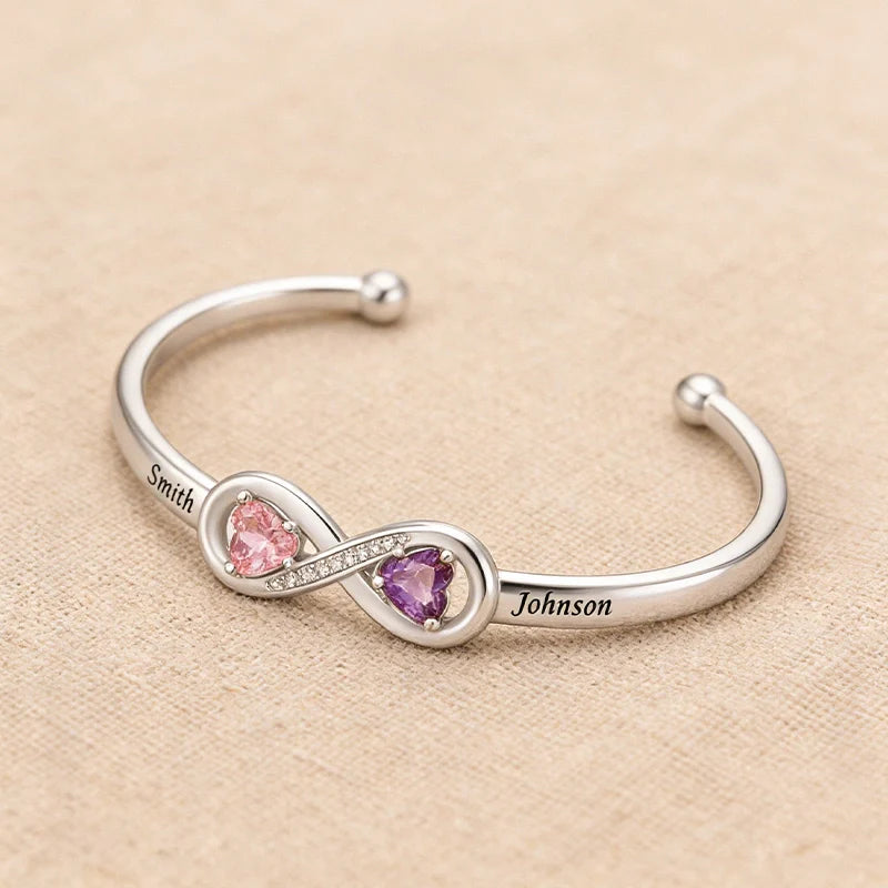 Personalized Infinity Double Heart Birthstone Cuff Bracelet – Engraved Name Bracelet for Mom | Mother’s Day Gift