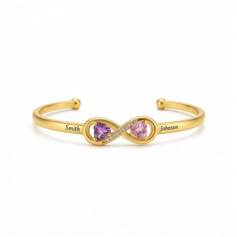 Personalized Infinity Double Heart Birthstone Cuff Bracelet – Engraved Name Bracelet for Mom | Mother’s Day Gift