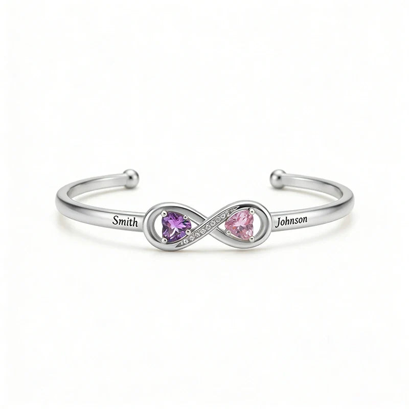 Personalized Infinity Double Heart Birthstone Cuff Bracelet – Engraved Name Bracelet for Mom | Mother’s Day Gift