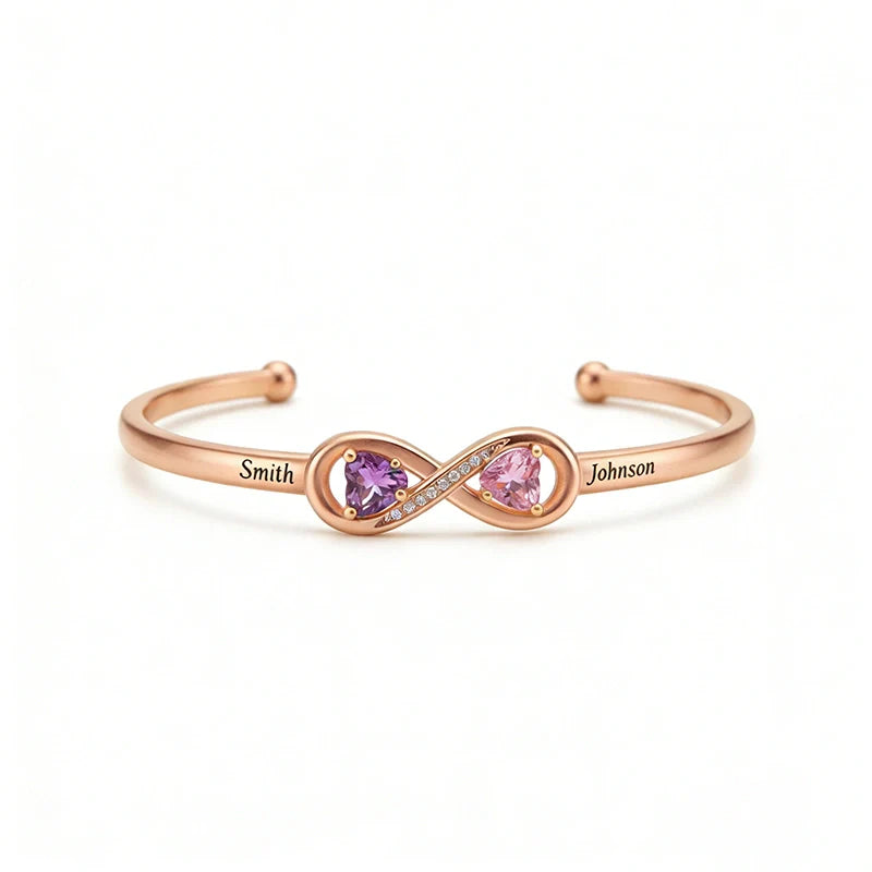 Personalized Infinity Double Heart Birthstone Cuff Bracelet – Engraved Name Bracelet for Mom | Mother’s Day Gift