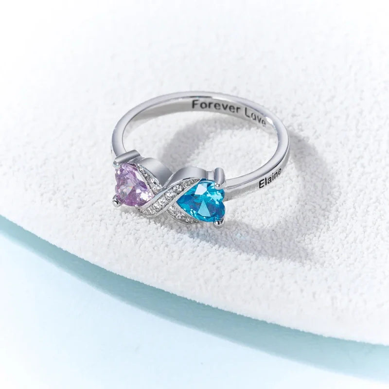 Personalized Infinity Ring with Heart Birthstones – Custom Engraved Name Ring for Mom | Mother’s Day Gift for Her