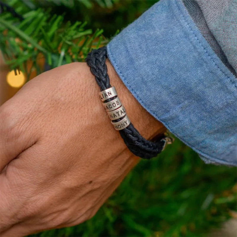 Personalized Leather Bracelet for Men – Custom Engraved Name Bracelet with Sterling Silver Beads