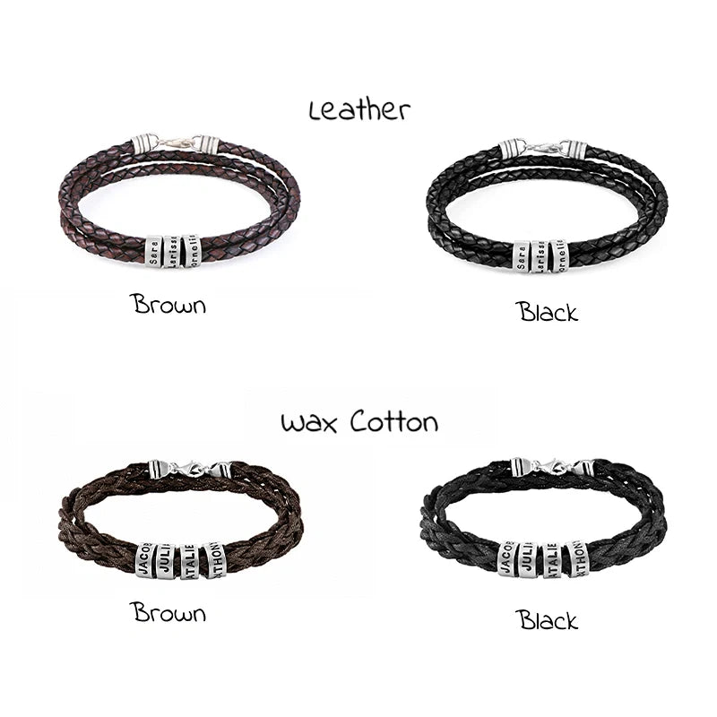Personalized Leather Bracelet for Men – Custom Engraved Name Bracelet with Sterling Silver Beads
