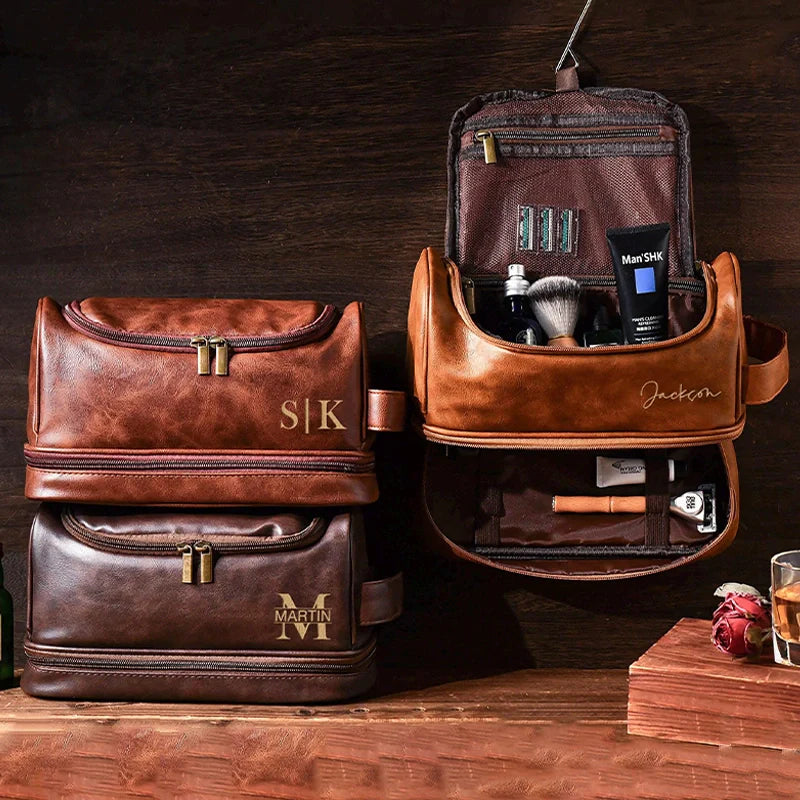 Personalized Leather Hanging Toiletry Bag for Men — Monogrammed Travel Organizer | Custom Grooming Bag | Valentine’s Day Gift for Him