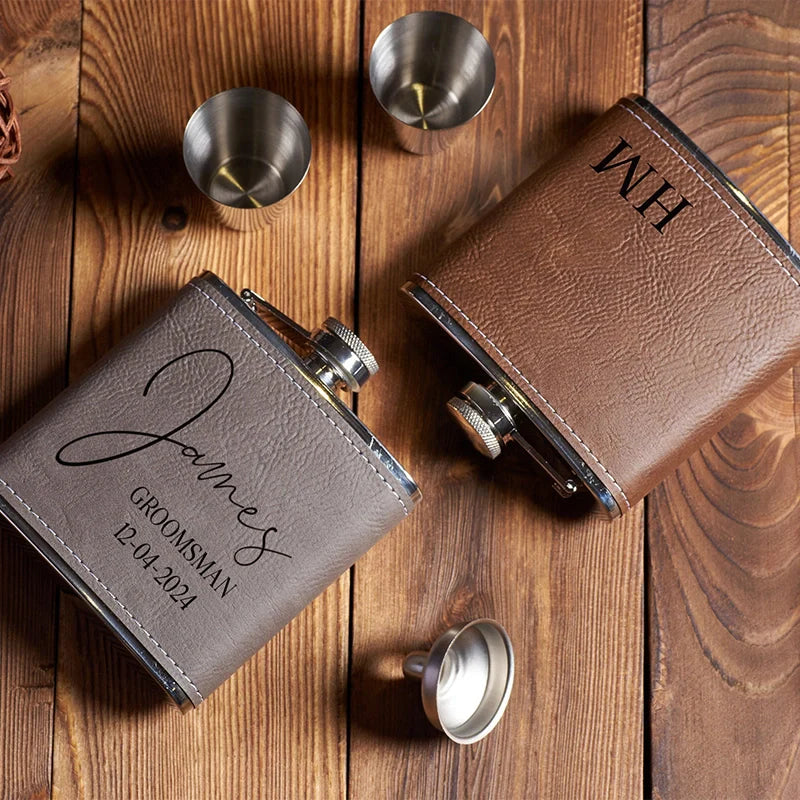 Personalized Leather Hip Flask Gift Set