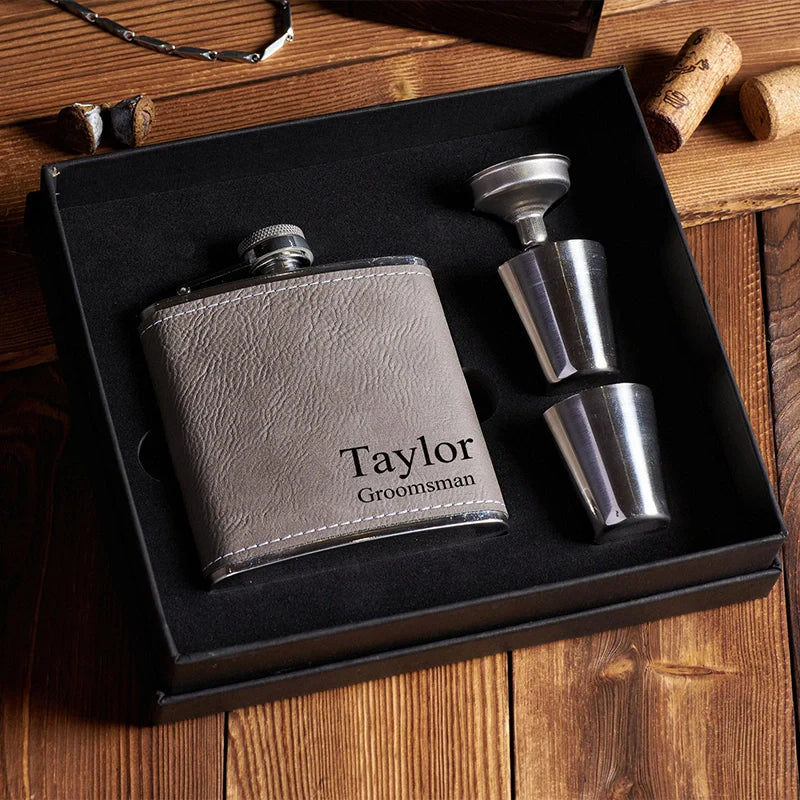 Personalized Leather Hip Flask Gift Set