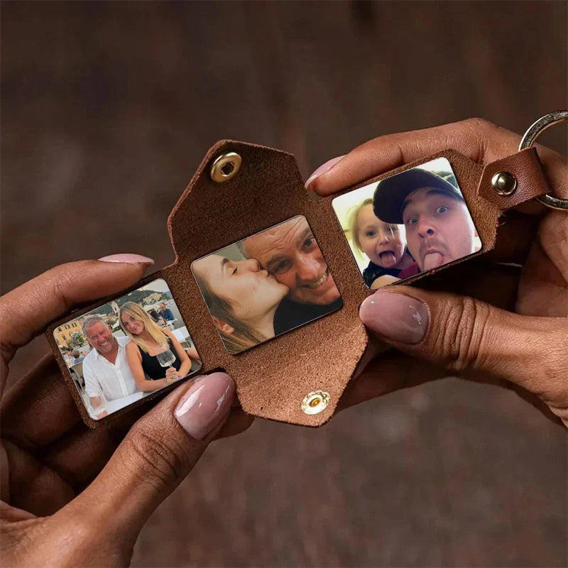 Personalized Leather Photo Album Keychain – Custom Engraved Picture Keyring for Dad & Him