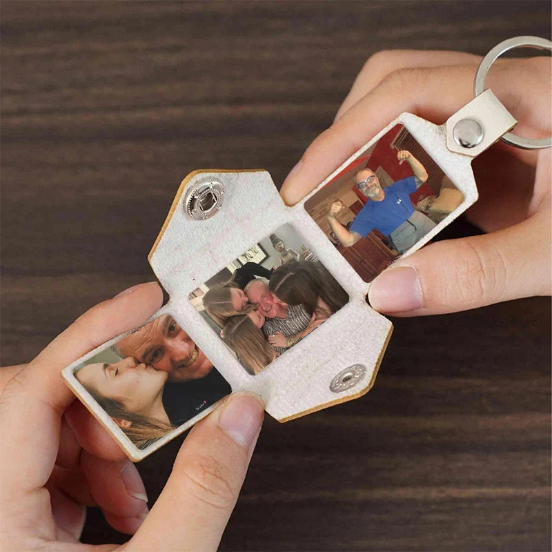 Personalized Leather Photo Album Keychain – Custom Engraved Picture Keyring for Dad & Him