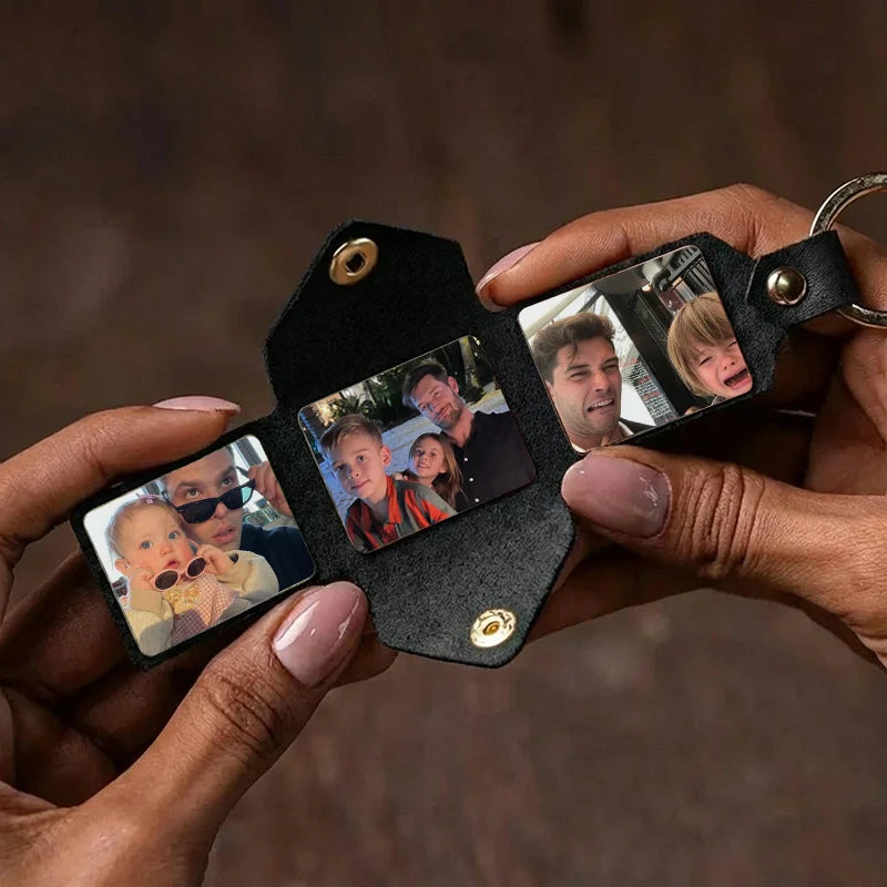 Personalized Leather Photo Album Keychain – Custom Engraved Picture Keyring for Dad & Him