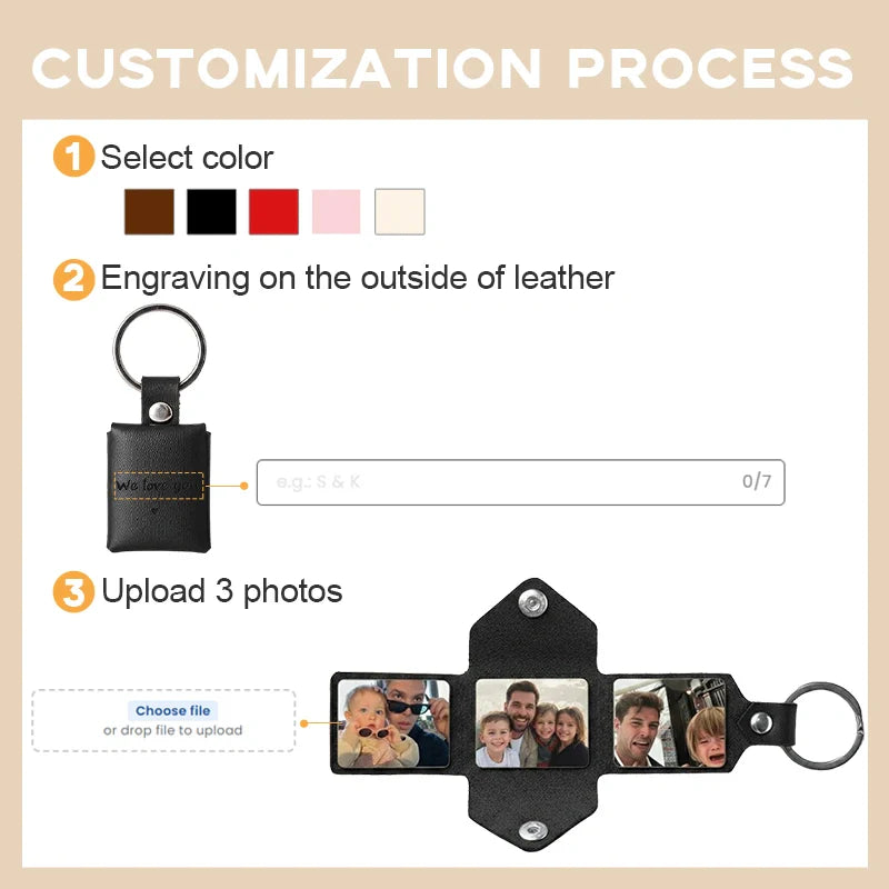 Personalized Leather Photo Album Keychain – Custom Engraved Picture Keyring for Dad & Him