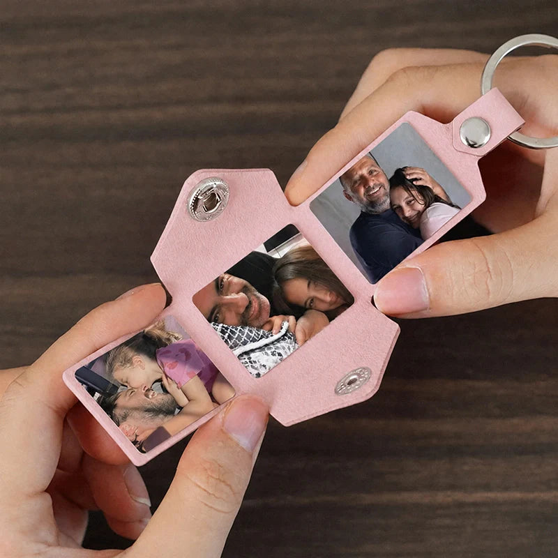 Personalized Leather Photo Album Keychain – Custom Engraved Picture Keyring for Dad & Him