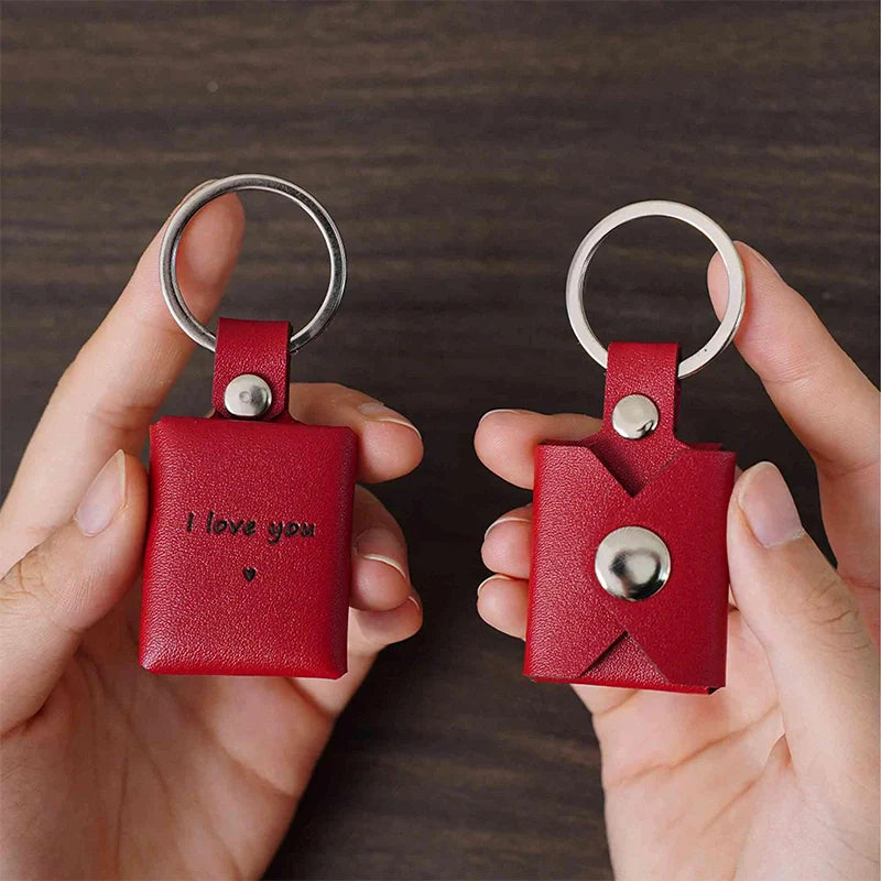 Personalized Leather Photo Album Keychain – Custom Engraved Picture Keyring for Dad & Him