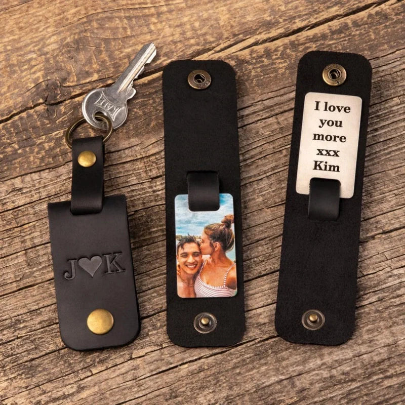 Personalized Leather Photo Keychain – Custom Engraved Picture Keyring Gift
