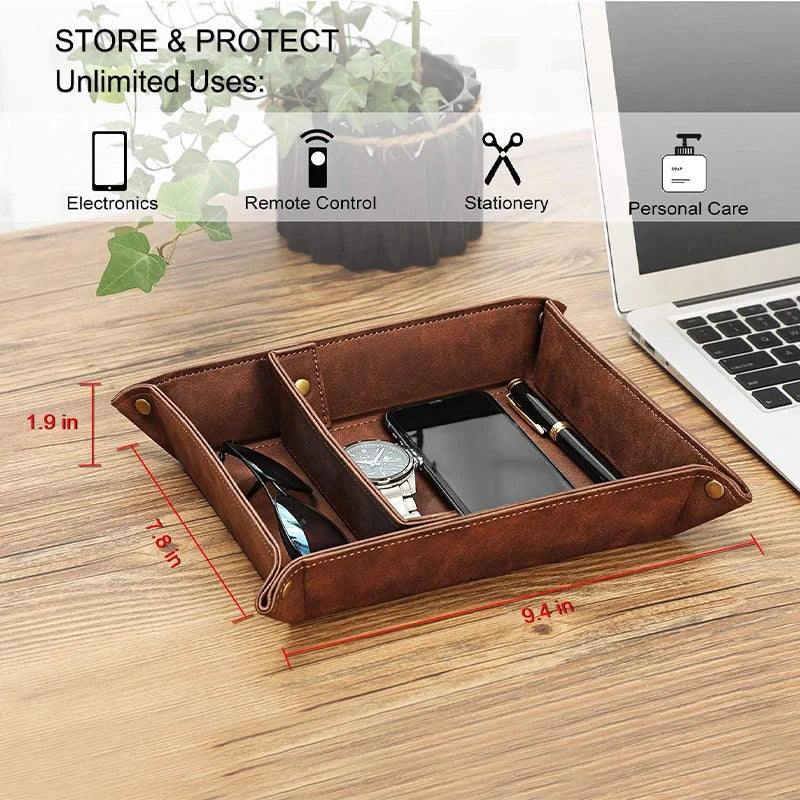 Personalized Leather Valet Tray with Divider – Custom Catchall Organizer for Wallet, Watch & Jewelry, Gift for Him