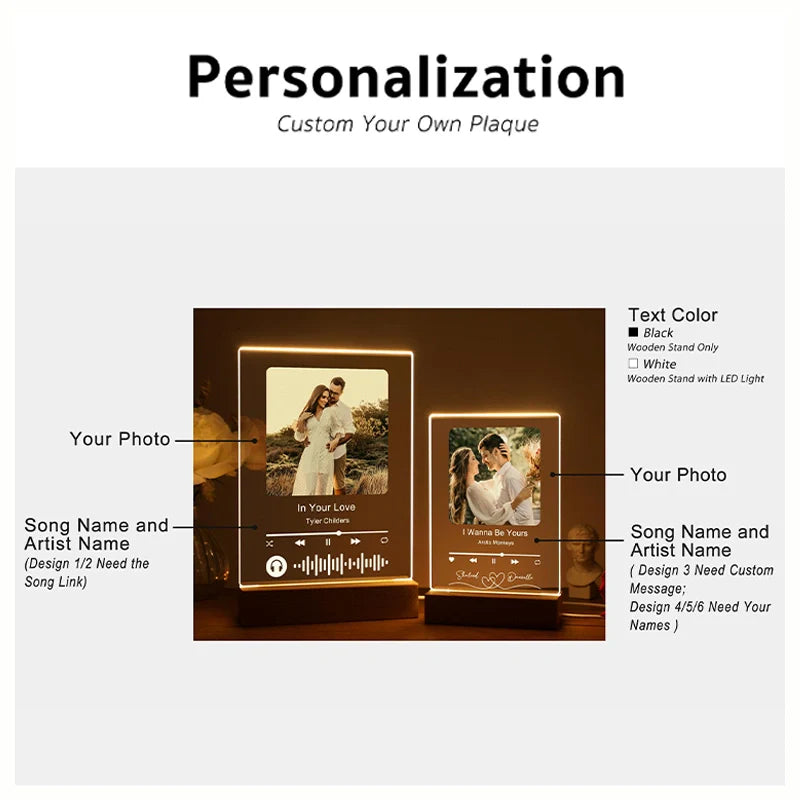 Personalized LED Song Plaque with Stand – Custom Photo Music Acrylic Night Light Gift for Couples, Anniversary & Valentine’s Day