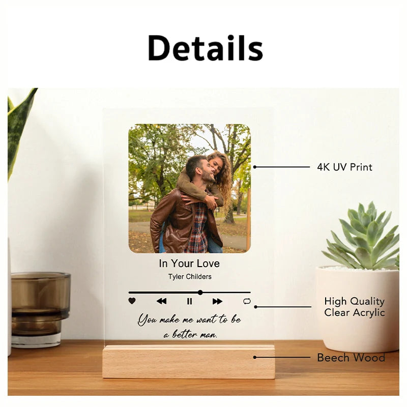 Personalized LED Song Plaque with Stand – Custom Photo Music Acrylic Night Light Gift for Couples, Anniversary & Valentine’s Day