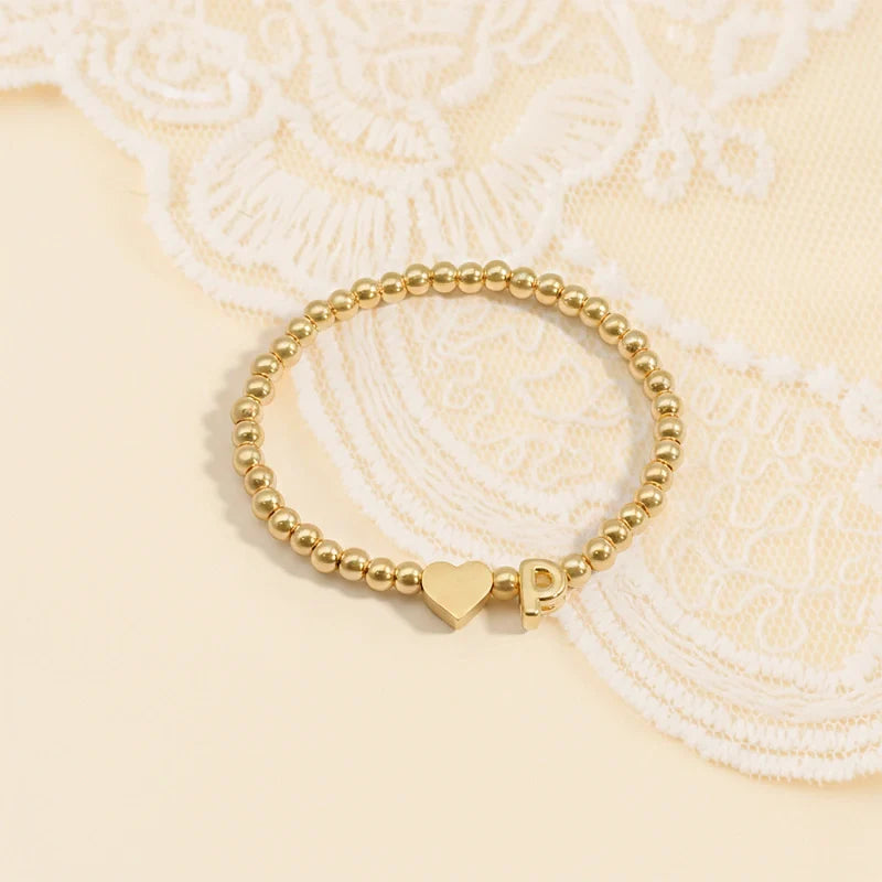 Personalized Mom & Kids Initial Bracelet – Gold Bead Matching Family Bracelet with Heart Charm