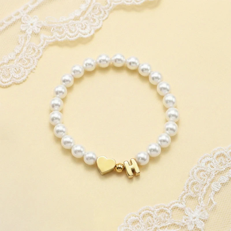 Personalized Mom & Kids Pearl Initial Bracelet – Matching Mother Daughter Bracelet with Heart Charm