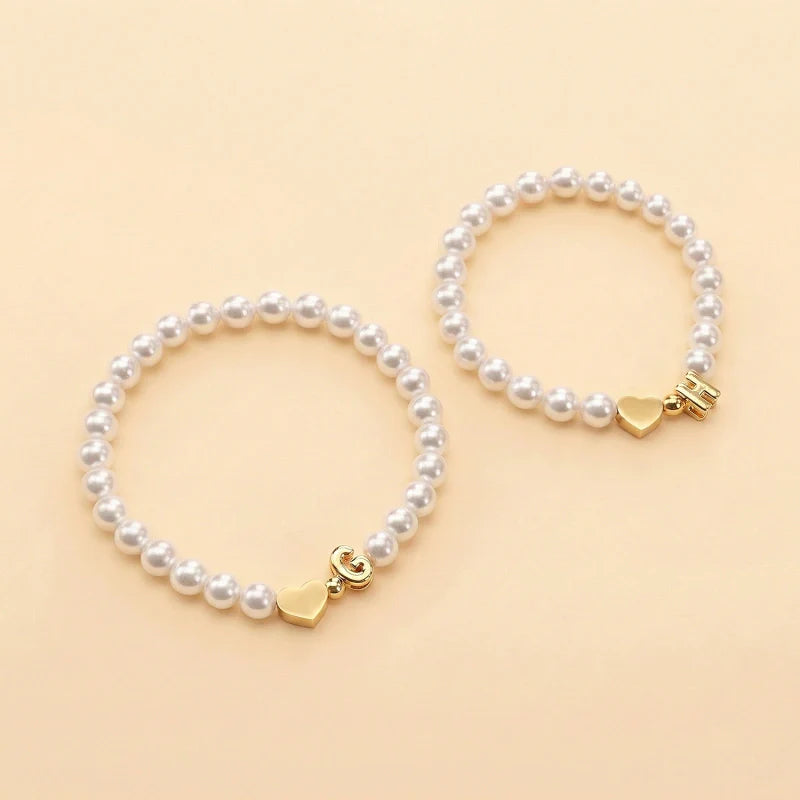 Personalized Mom & Kids Pearl Initial Bracelet – Matching Mother Daughter Bracelet with Heart Charm